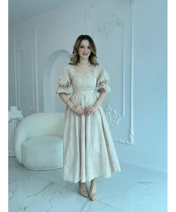 Bej Kolu Lastikli Brode Prenses Elbise