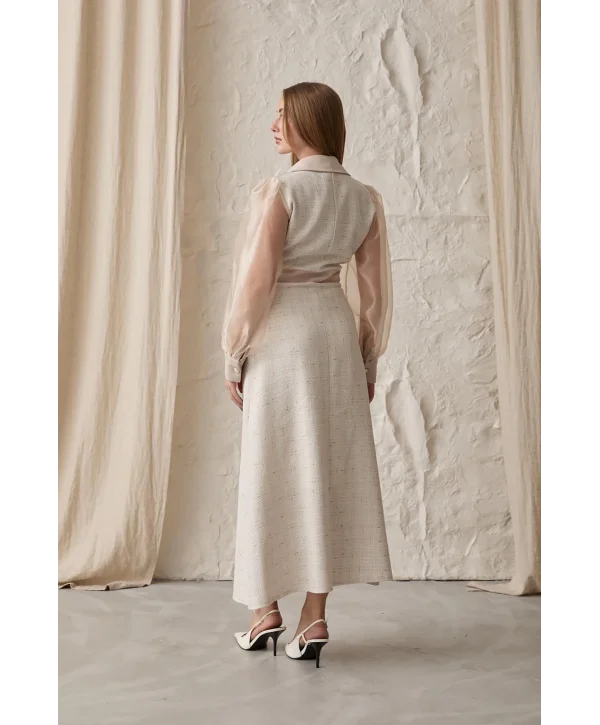 Bej Kolu Organze Garnili Elbise