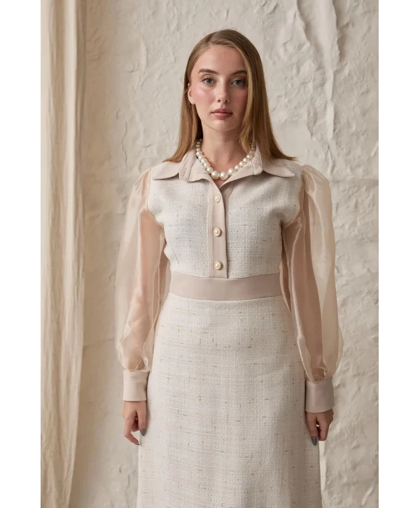 Bej Kolu Organze Garnili Elbise