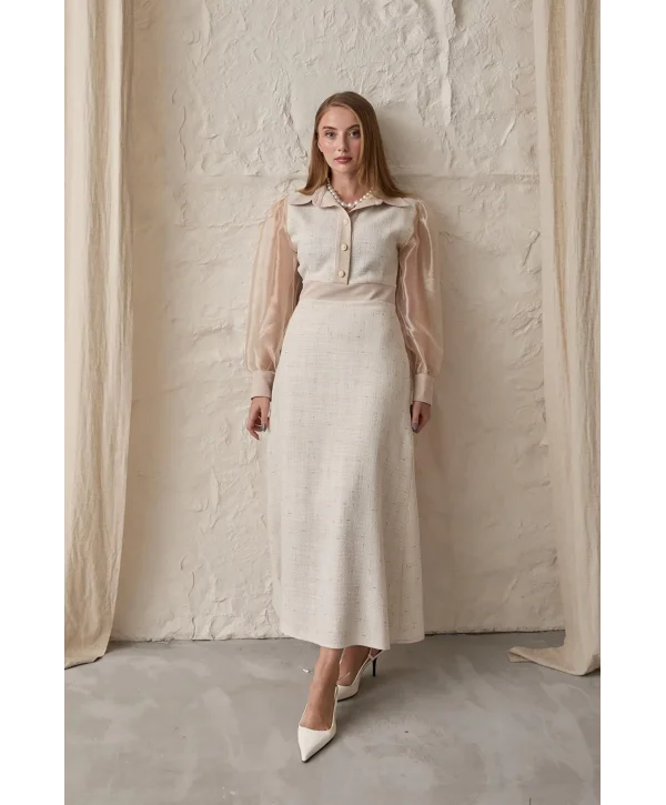 Bej Kolu Organze Garnili Elbise