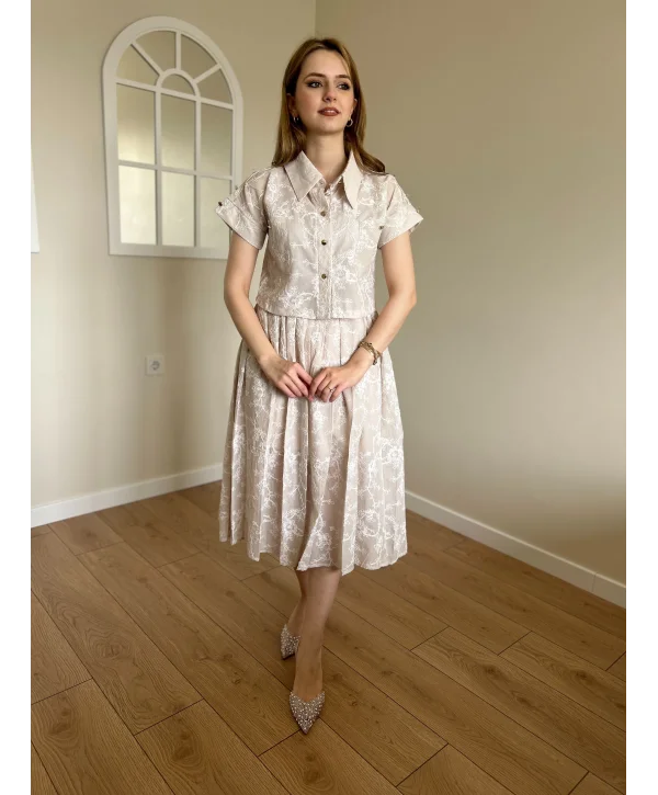 Bej Nakış İşlemeli Etek-Gömlek Takım