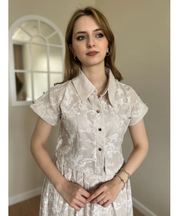 Bej Nakış İşlemeli Etek-Gömlek Takım