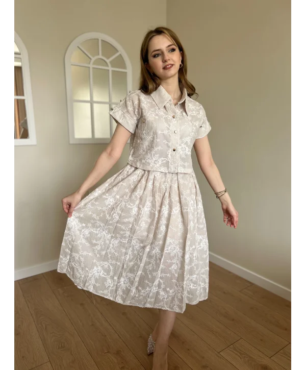 Bej Nakış İşlemeli Etek-Gömlek Takım