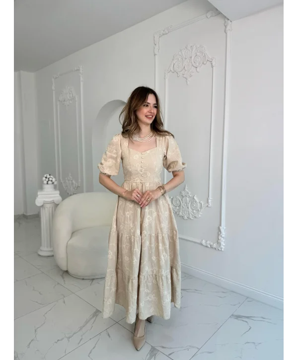 Bej Süs Düğmeli Balon Kollu Brode Keten Elbise