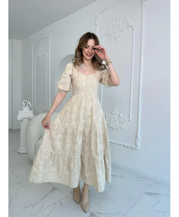 Bej Süs Düğmeli Balon Kollu Brode Keten Elbise