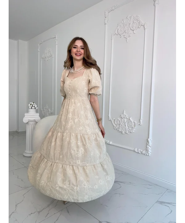 Bej Süs Düğmeli Balon Kollu Brode Keten Elbise