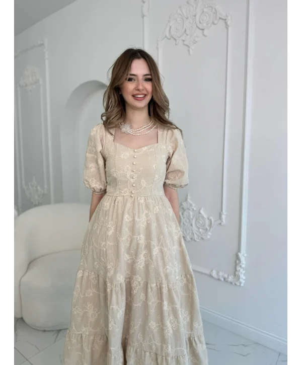 Bej Süs Düğmeli Balon Kollu Brode Keten Elbise