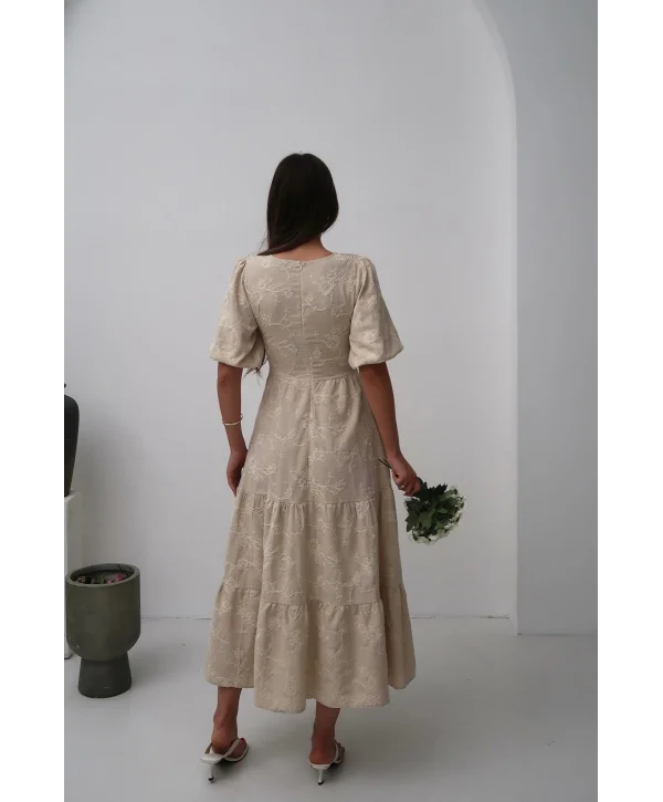 Bej Süs Düğmeli Balon Kollu Brode Keten Elbise