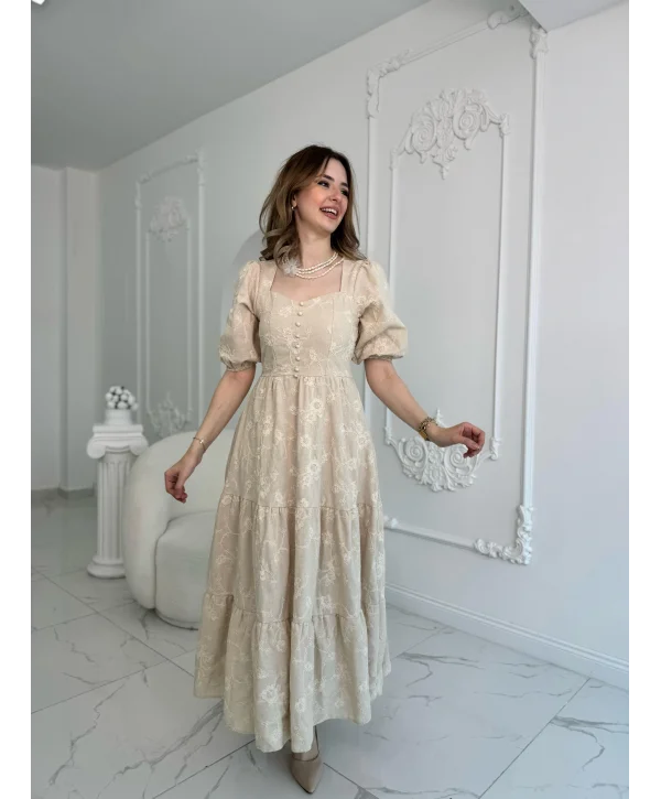 Bej Süs Düğmeli Balon Kollu Brode Keten Elbise