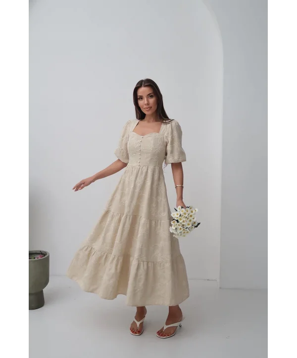 Bej Süs Düğmeli Balon Kollu Brode Keten Elbise