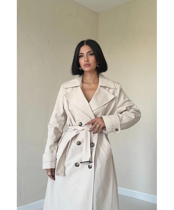 Bej Uzun Kemerli Trençkot