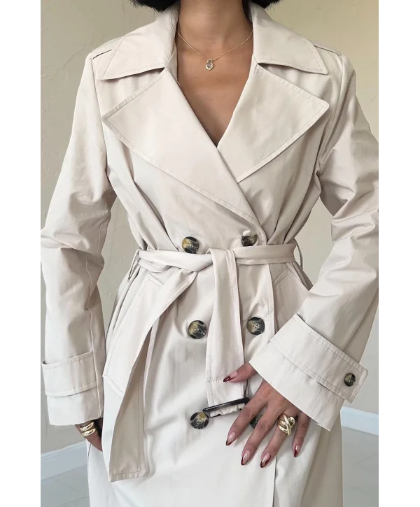 Bej Uzun Kemerli Trençkot