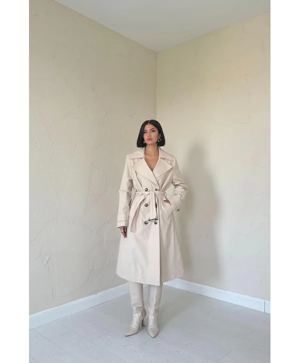Bej Uzun Kemerli Trençkot