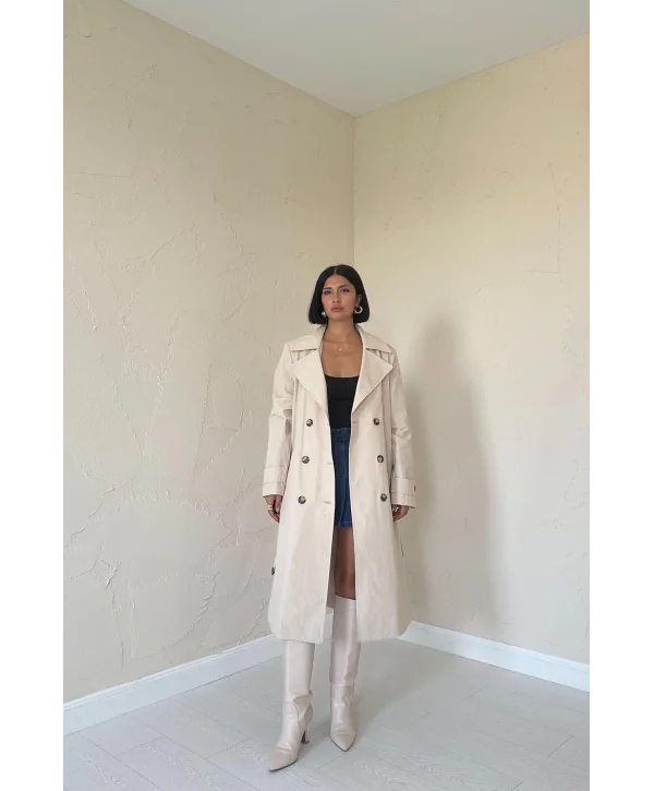 Bej Uzun Kemerli Trençkot