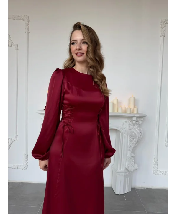 Bel Bağcık Detaylı Bordo Saten Elbise