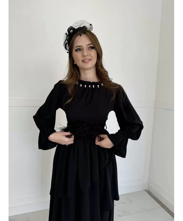 Bel Gül Kemer Detaylı Kat Kat Maxi Boy Elbise