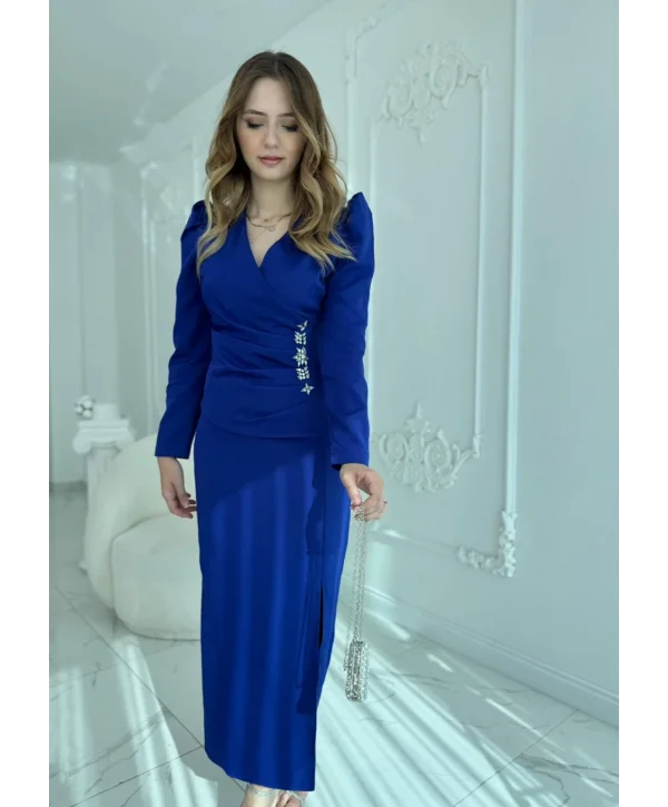 Bel Taş Detaylı Modern Tasarım Atlas Saks Elbise