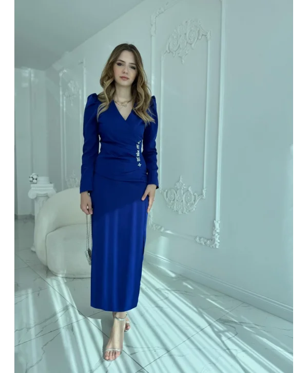 Bel Taş Detaylı Modern Tasarım Atlas Saks Elbise