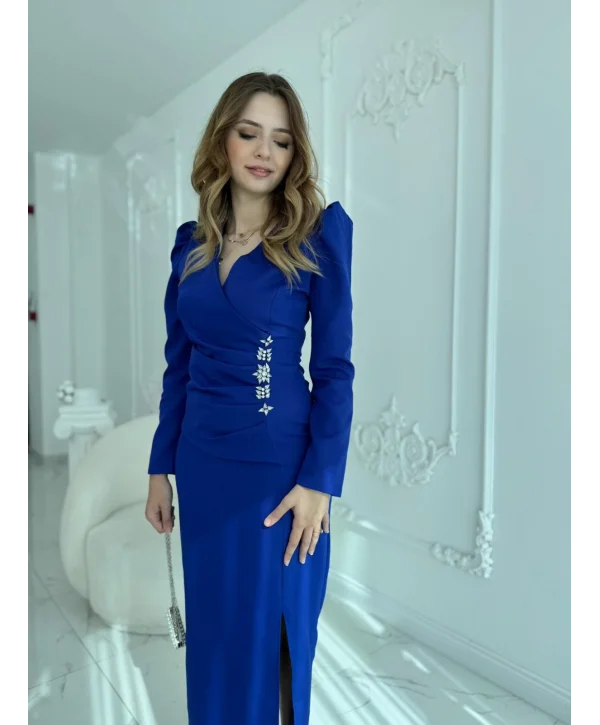 Bel Taş Detaylı Modern Tasarım Atlas Saks Elbise