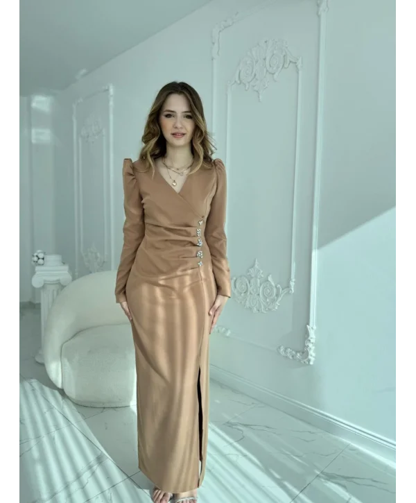 Bel Taş Detaylı Modern Tasarım Atlas Vizon Elbise