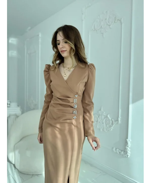 Bel Taş Detaylı Modern Tasarım Atlas Vizon Elbise