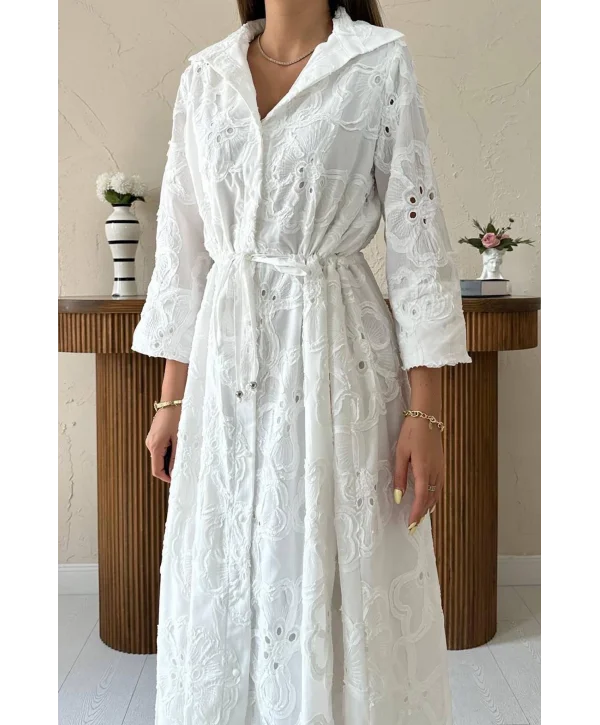Beyaz Bel Çevresi Bağcıklı Brode Elbise