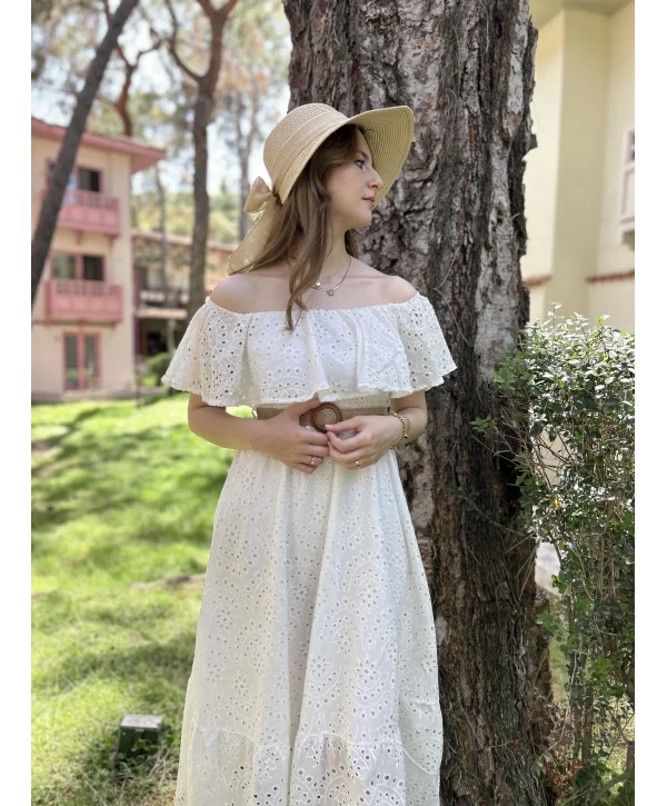 Beyaz Fisto Kemerli Elbise