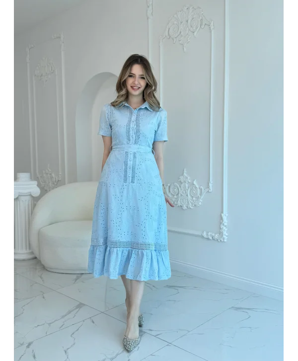 Mavi Fisto Midi Boy Düğmeli Elbise