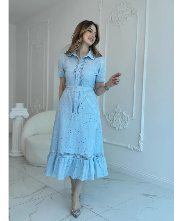 Mavi Fisto Midi Boy Düğmeli Elbise