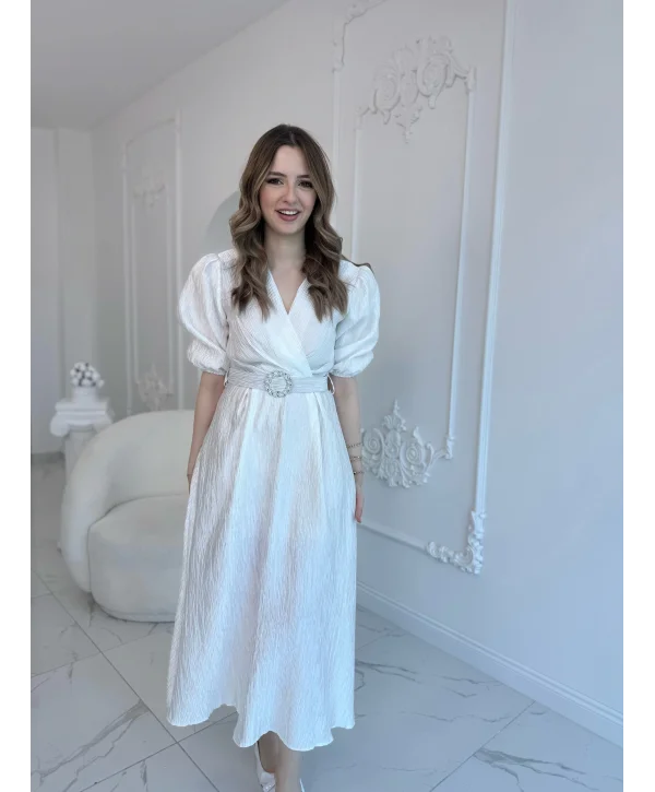 Beyaz Işıltılı Kemerli Kruvaze Elbise