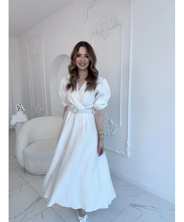 Beyaz Işıltılı Kemerli Kruvaze Elbise