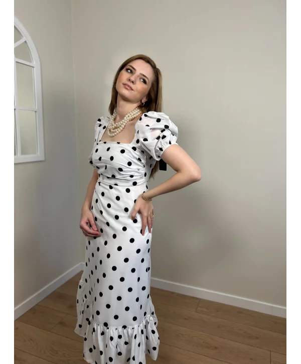 Beyaz Siyah Puantiyeli Elbise