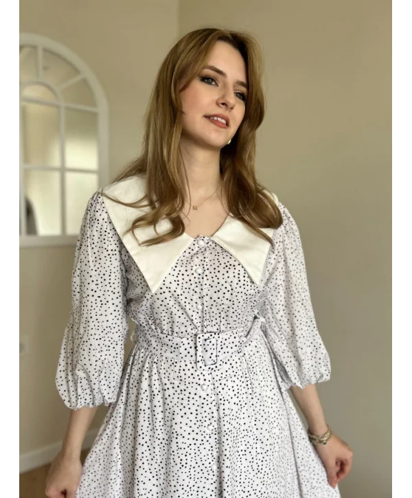 Beyaz Siyah Puantiyeli Kemerli Vintage Elbise