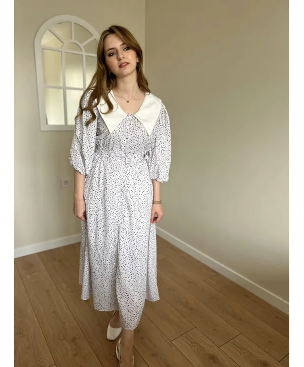 Beyaz Siyah Puantiyeli Kemerli Vintage Elbise