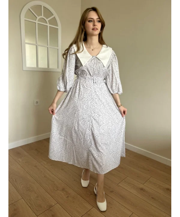Beyaz Siyah Puantiyeli Kemerli Vintage Elbise