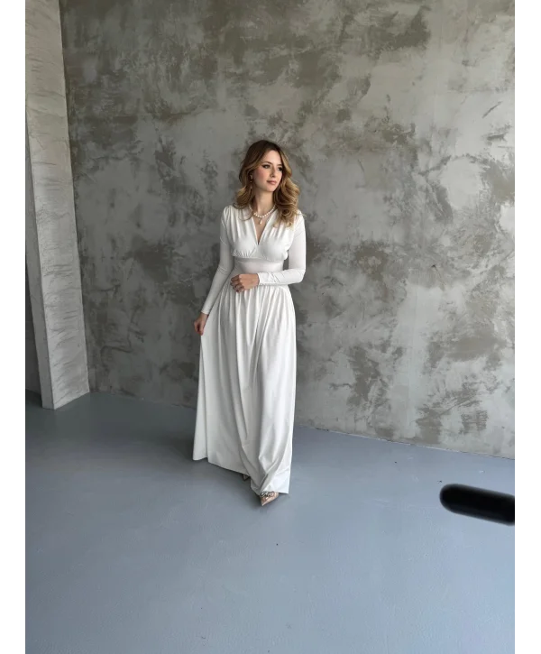 Beyaz V Yaka Maxi Boy Elbise