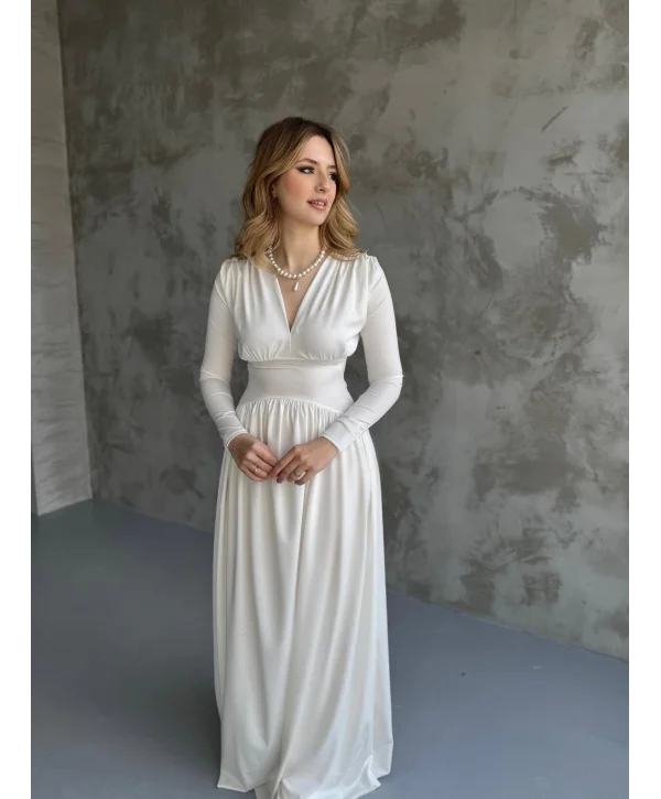 Beyaz V Yaka Maxi Boy Elbise