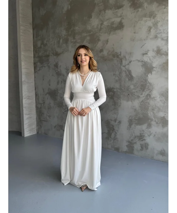 Beyaz V Yaka Maxi Boy Elbise