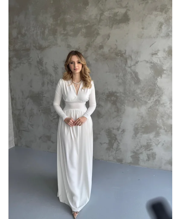 Beyaz V Yaka Maxi Boy Elbise
