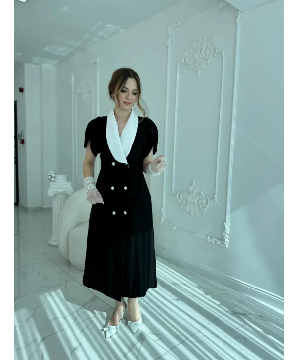 Beyaz Yaka İnci Düğme Midi Elbise