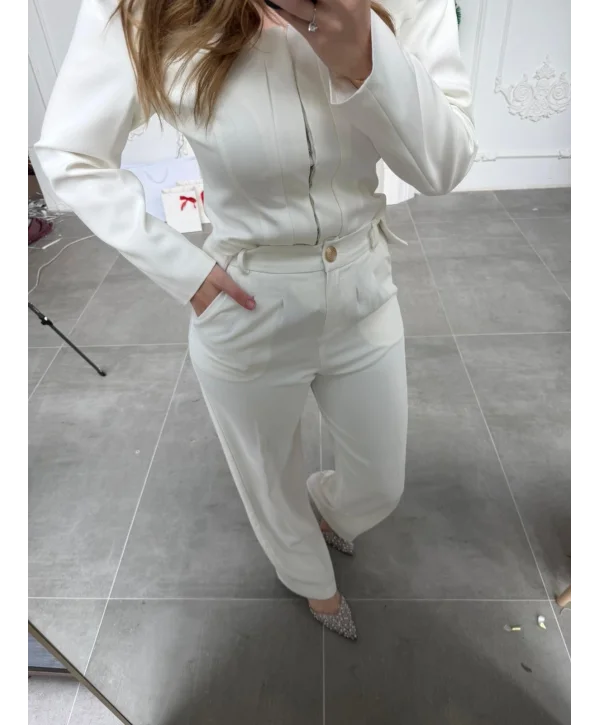 Beyaz Yüksek Bel Pileli Palazzo Pantolon