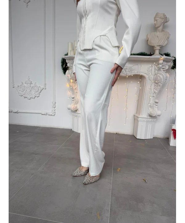 Beyaz Yüksek Bel Pileli Palazzo Pantolon