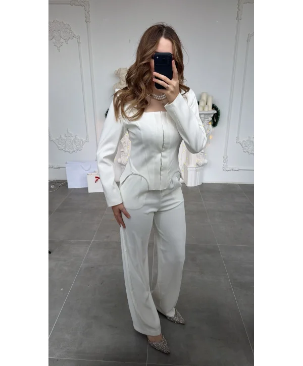 Beyaz Yüksek Bel Pileli Palazzo Pantolon