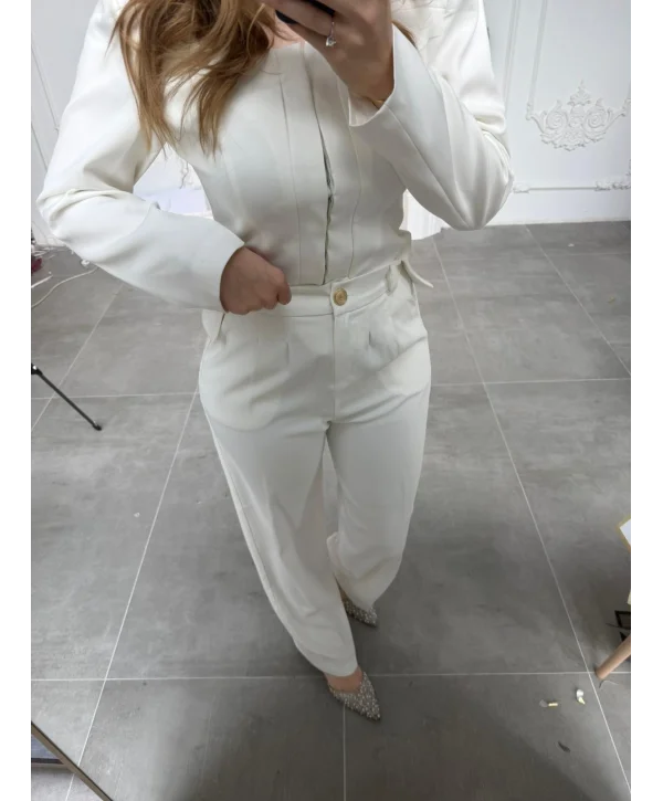 Beyaz Yüksek Bel Pileli Palazzo Pantolon