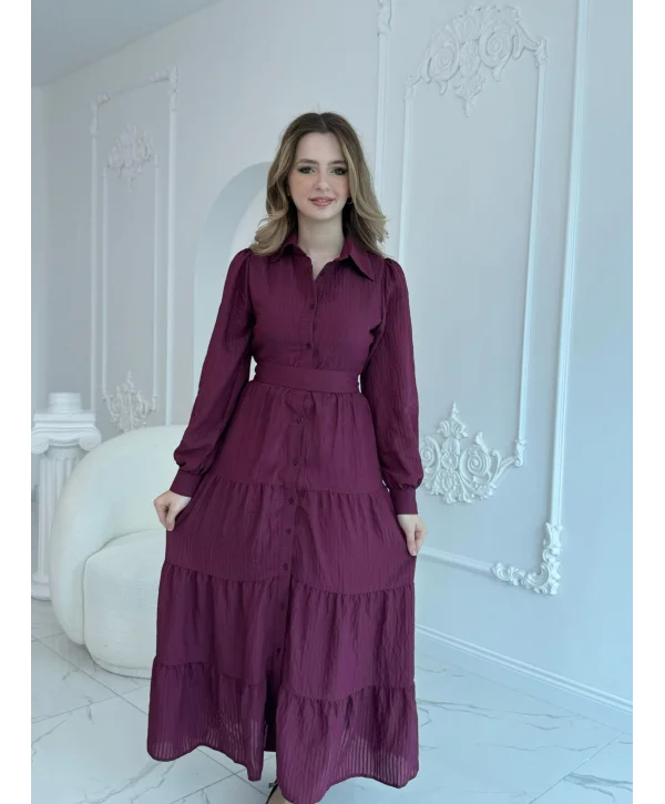 Bordo Çizgi Desenli Kuşaklı Uzun Elbise