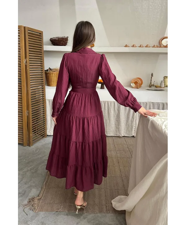 Bordo Çizgi Desenli Kuşaklı Uzun Elbise