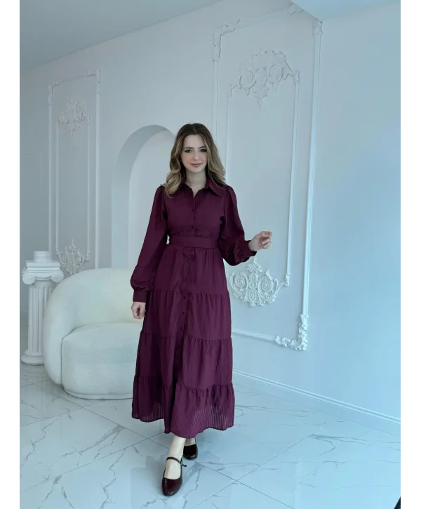 Bordo Çizgi Desenli Kuşaklı Uzun Elbise