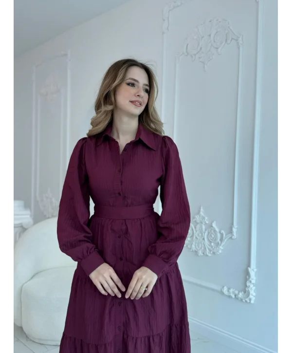 Bordo Çizgi Desenli Kuşaklı Uzun Elbise