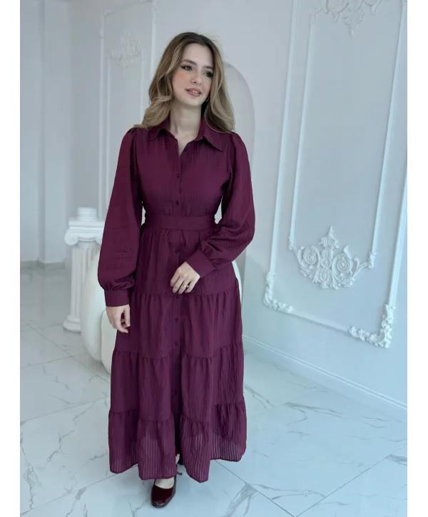 Bordo Çizgi Desenli Kuşaklı Uzun Elbise