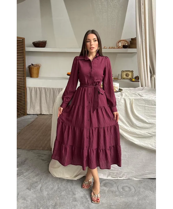 Bordo Çizgi Desenli Kuşaklı Uzun Elbise